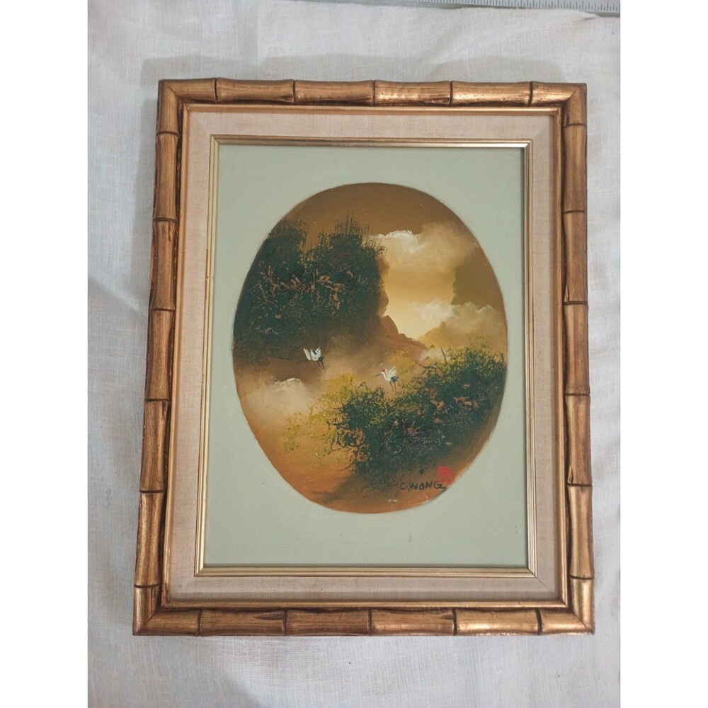 Vintage Original Asian Crane Landscape Painting Signed C. Wong with Red Seal